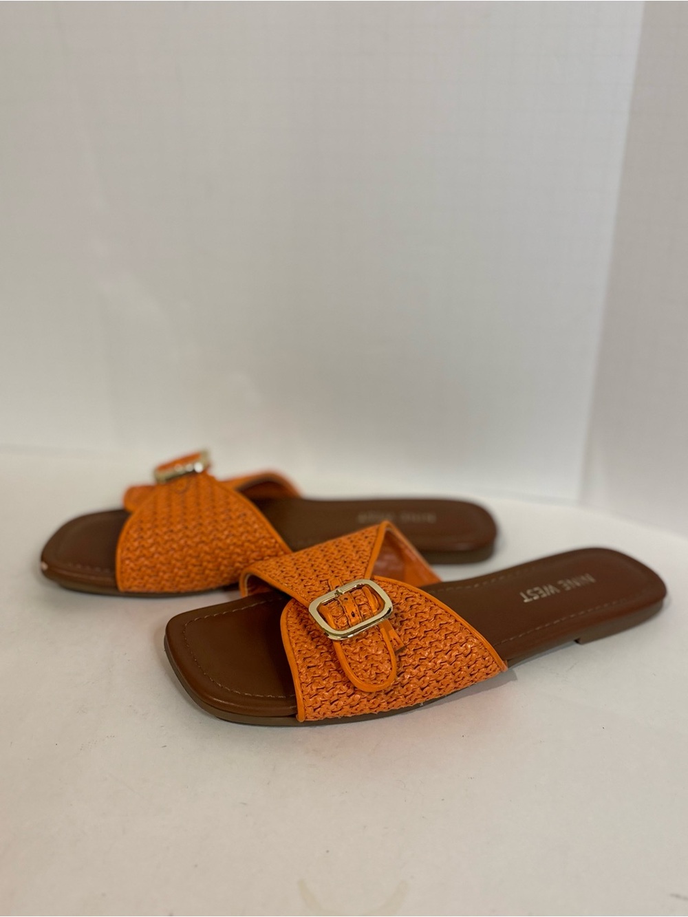 Nine West Orange Woven Slide Sandals with Gold Buckle